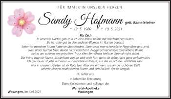 Traueranzeige von Sandy Hofmann von Südthüringer Presse