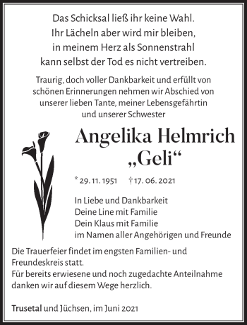 Traueranzeige von Angelika Helmrich von Südthüringer Presse