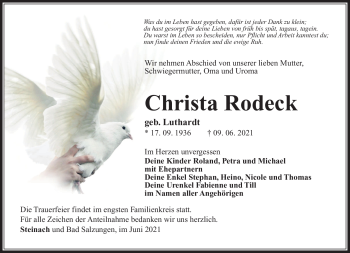 Traueranzeige von Christa Rodeck von Südthüringer Presse