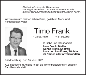Traueranzeige von Timo Frank von Neue Presse Coburg