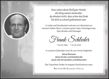Traueranzeige von Frank Schleder von Südthüringer Presse