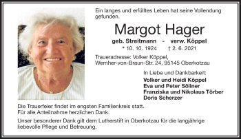 Traueranzeige von Margot Hager von Frankenpost