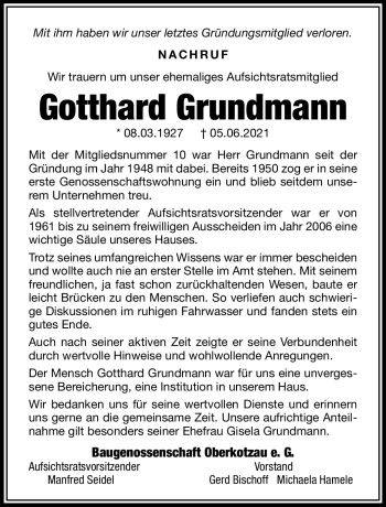 Traueranzeige von Gotthard Grundmann von Frankenpost