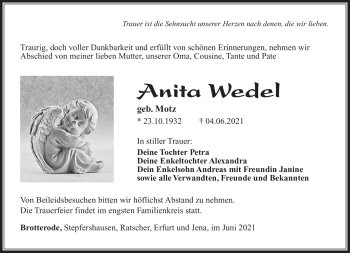 Traueranzeige von Anita Wedel von Südthüringer Presse
