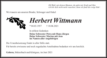 Traueranzeige von Herbert Wittmann von Südthüringer Presse