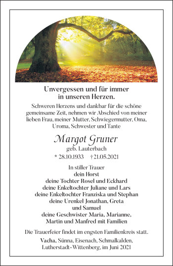 Traueranzeige von Margot Gruner von Südthüringer Presse