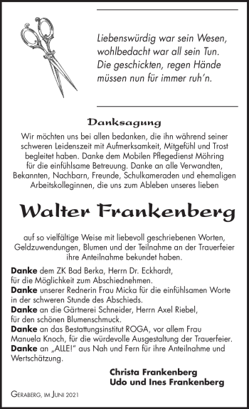 Traueranzeige von Walter Frankenberg von Südthüringer Presse