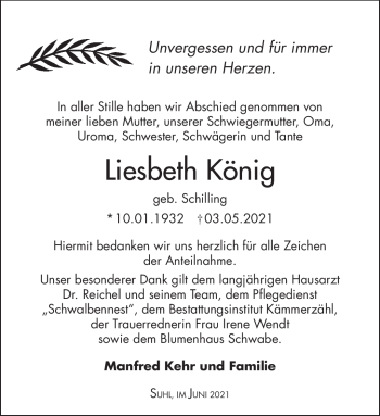 Traueranzeige von Liesbeth König von Südthüringer Presse