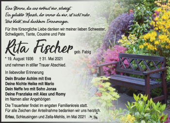 Traueranzeige von Rita Fischer von Südthüringer Presse
