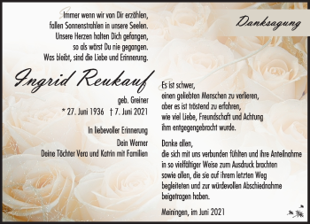 Traueranzeige von Ingrid Reukauf von Südthüringer Presse