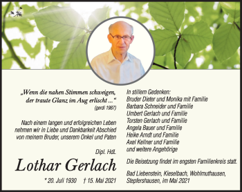 Traueranzeige von Lothar Gerlach von Südthüringer Presse
