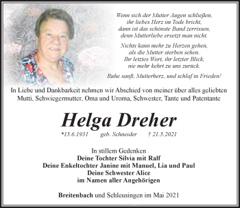 Traueranzeige von Helga Dreher von Südthüringer Presse