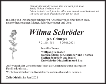 Traueranzeige von Wilma Schröder von Südthüringer Presse