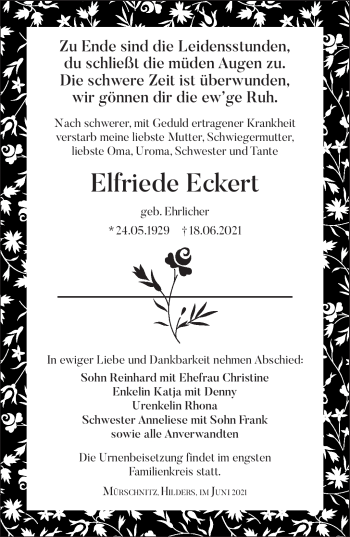 Traueranzeige von Elfriede Eckert von Südthüringer Presse