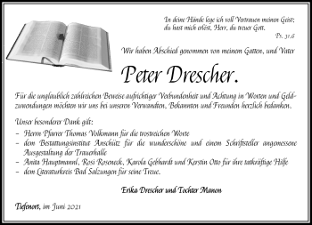 Traueranzeige von Peter Drescher von Südthüringer Presse