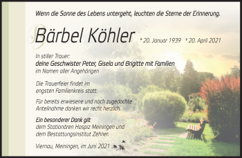 Traueranzeige von Bärbel Köhler von Südthüringer Presse