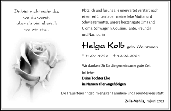Traueranzeige von Helga Kolb von Südthüringer Presse