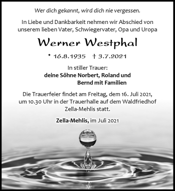 Traueranzeige von Werner Westphal von Südthüringer Presse