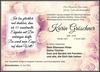 Traueranzeige von Karin Gröschner von Südthüringer Presse