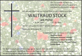 Traueranzeige von Waltraud Stock von Frankenpost