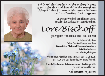 Traueranzeige von Lore Bischoff von Südthüringer Presse