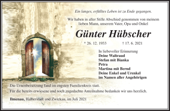 Traueranzeige von Günter Hübscher von Südthüringer Presse