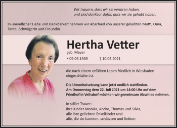 Traueranzeige von Hertha Vetter von Südthüringer Presse