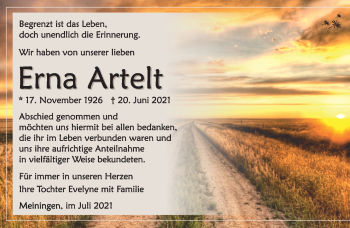 Traueranzeige von Erna Artelt von Südthüringer Presse