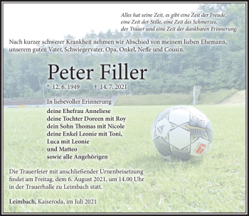 Traueranzeige von Peter Filler von Südthüringer Presse
