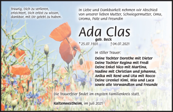 Traueranzeige von Ada Clas von Südthüringer Presse