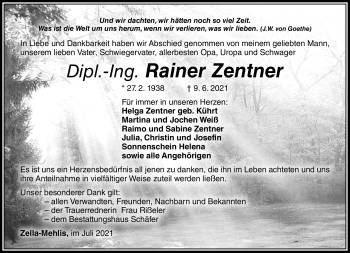 Traueranzeige von Rainer Zentner von Südthüringer Presse