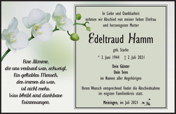 Traueranzeige von Edeltraud Hamm von Südthüringer Presse