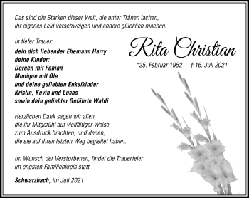 Traueranzeige von Rita Christian von Südthüringer Presse