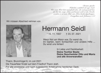 Traueranzeige von Hermann Seidl von Neue Presse Coburg