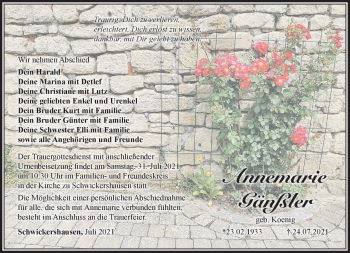 Traueranzeige von Annemarie Gänßler von Südthüringer Presse