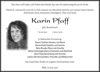 Traueranzeige von Karin Pfaff von Südthüringer Presse