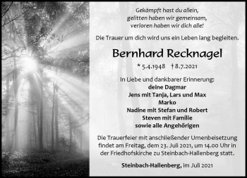 Traueranzeige von Bernhard Recknagel von Südthüringer Presse