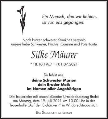 Traueranzeige von Silkeq Mäurer von Südthüringer Presse