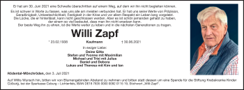 Traueranzeige von Willi Zapf von Neue Presse Coburg