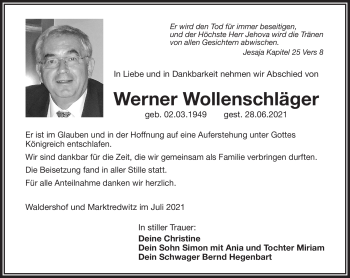 Traueranzeige von Werner Wollenschläger von Frankenpost