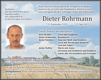 Traueranzeige von dieter Rohrmann von Südthüringer Presse