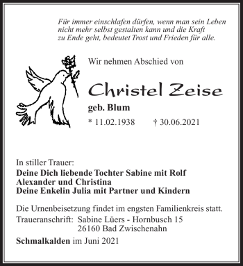 Traueranzeige von Christel Zeise von Südthüringer Presse