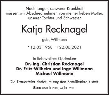 Traueranzeige von Katja Recknagel von Südthüringer Presse