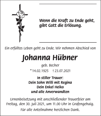 Traueranzeige von Johanna Hübner von Frankenpost