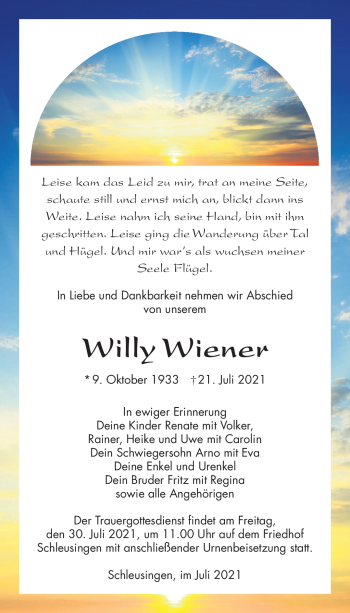 Traueranzeige von Willy Wiener von Südthüringer Presse