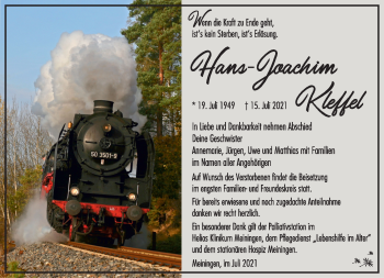 Traueranzeige von Hans-Joachim Kleffel von Südthüringer Presse