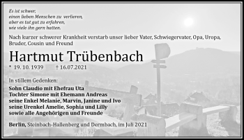 Traueranzeige von Hartmut Trübenbach von Südthüringer Presse
