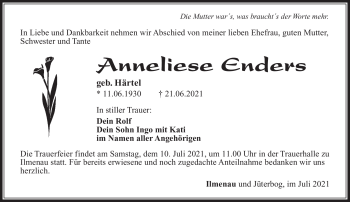 Traueranzeige von Anneliese Enders von Südthüringer Presse