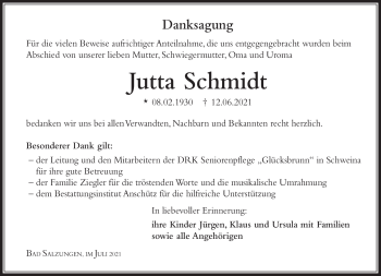 Traueranzeige von Jutta Schmidt von Südthüringer Presse