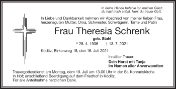 Traueranzeige von Theresia Schrenk von Frankenpost